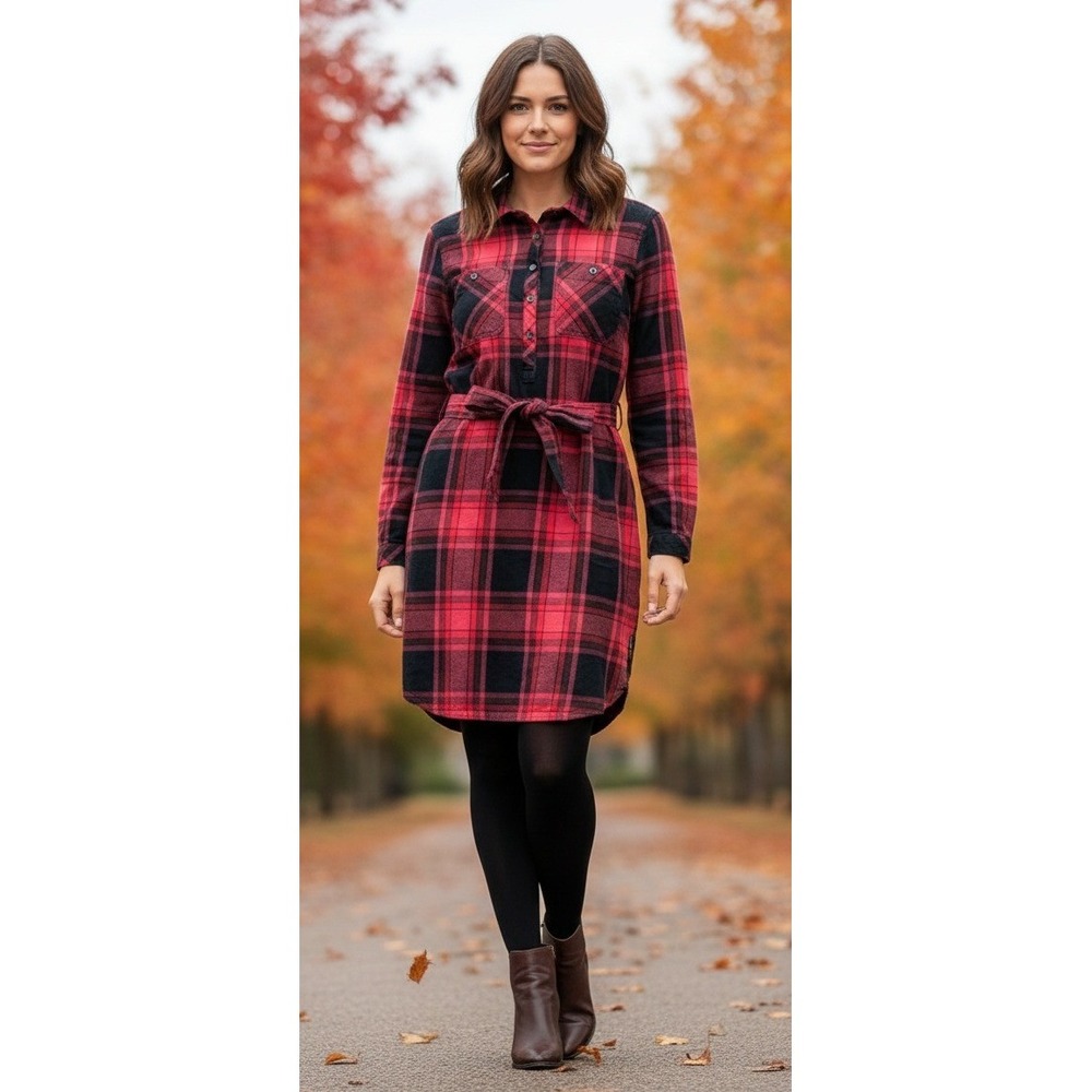 Eddie Bauer Women's Plaid Flannel Shirt‎ Dress Size M Long Sleeve Belted Tunic